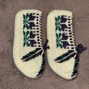 Hand Knit Socks, Wool Socks Slipper Socks, Purple Flowers Womens Size 7-8